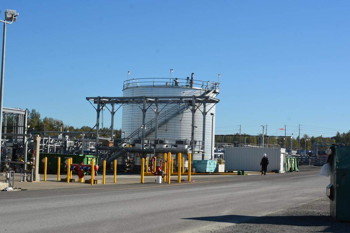 The energy created in this storage tank of the renewable diesel unit at BP Cherry Point near Ferndale will be blended with diesel fuel, meeting federal and state programs that require blending for cleaner fuel.