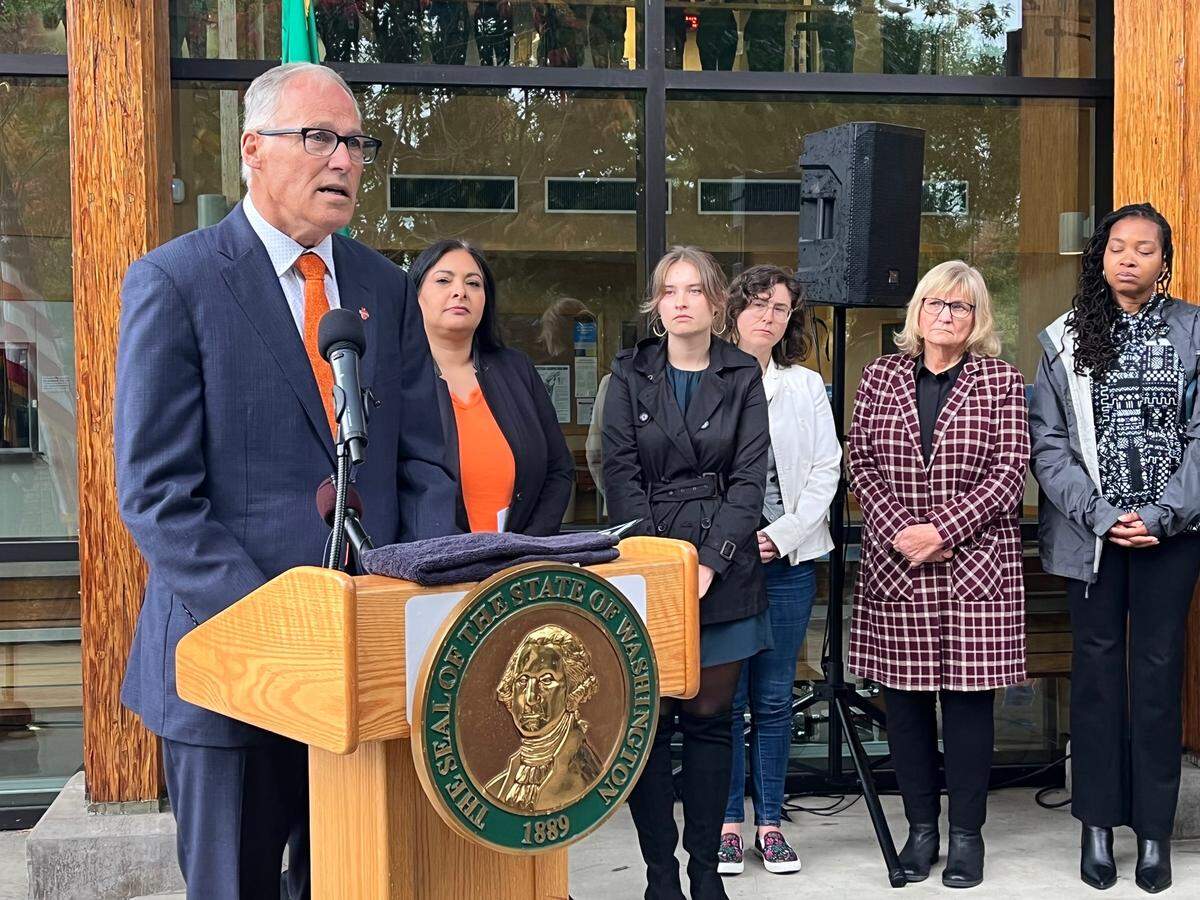 Washington Gov. Jay Inslee speaks Friday, Oct. 21, at Western Washington University in Bellingham. He planned to announce legislation he’ll seek to guarantee abortion access in light of the U.S. Supreme Court decision that overturned the national right to abortion and sent the matter to the states.