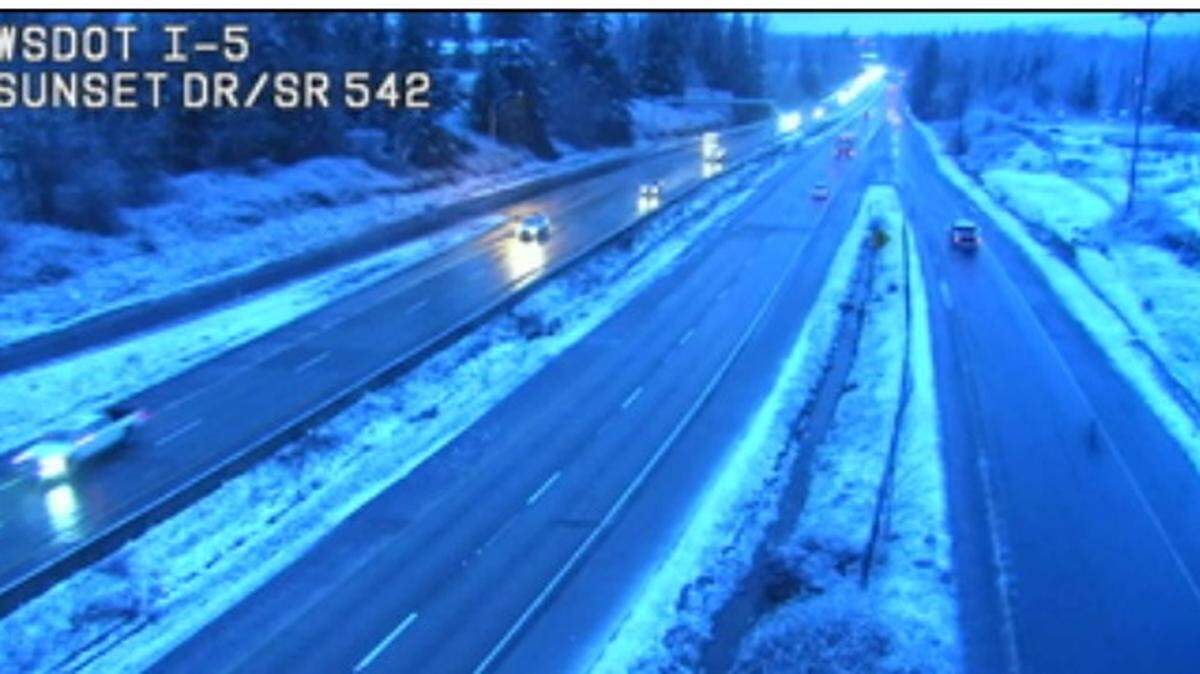 Interstate 5 was clear at the Sunset Drive exit about 6:30 a.m. Monday, after light snow fell overnight in lowland Whatcom County.