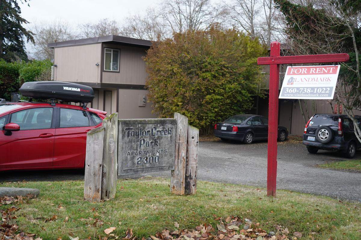 Taylor Creek Park Apartments advertise rentals on Friday, Dec. 8, 2022, in Bellingham, Wash. The apartments will be renovated and expanded from 9 units to 19 units.