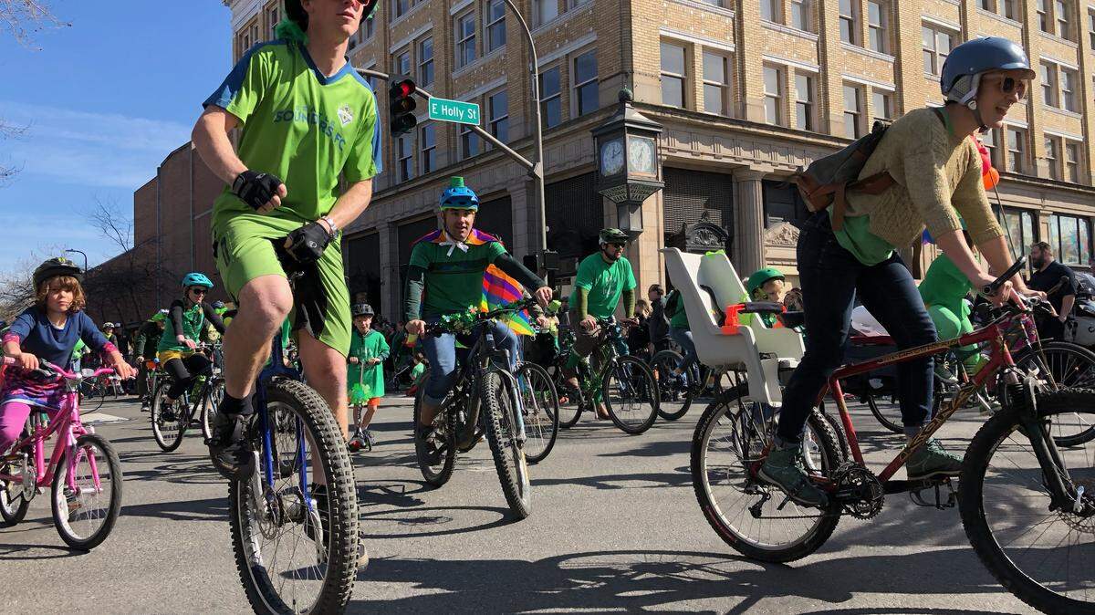 The St. Patrick’s Day Parade celebrated “The Year of the Bike” Saturday, March 16, 2019, through the streets of downtown Bellingham, Wash.