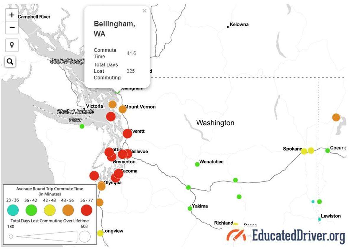 Educated Driver’s interactive chart shows Bellingham residents have one of the easiest commutes in Washington state.