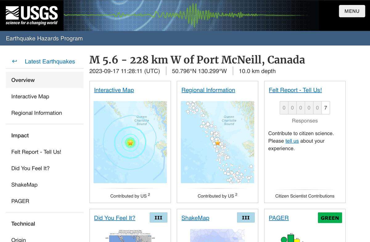 A screenshot from the U.S. Geological Survey website show the location of a 5.6 magnitude earthquake with a yellow star, along with dozens of smaller quakes marked with white dots on Sunday, Sept. 17, 2023.