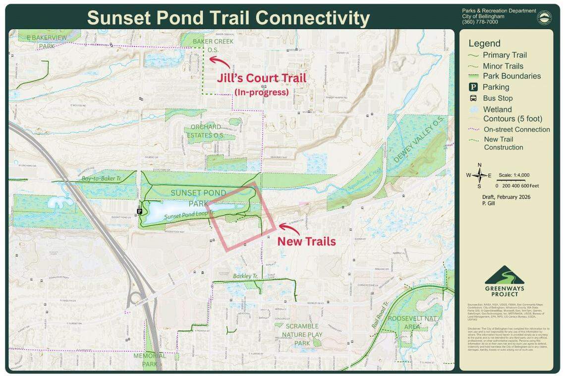 A city of Bellingham map shows the new trail that completes a loop around Sunset Pond. An opening ceremony was set Friday, Feb. 27.