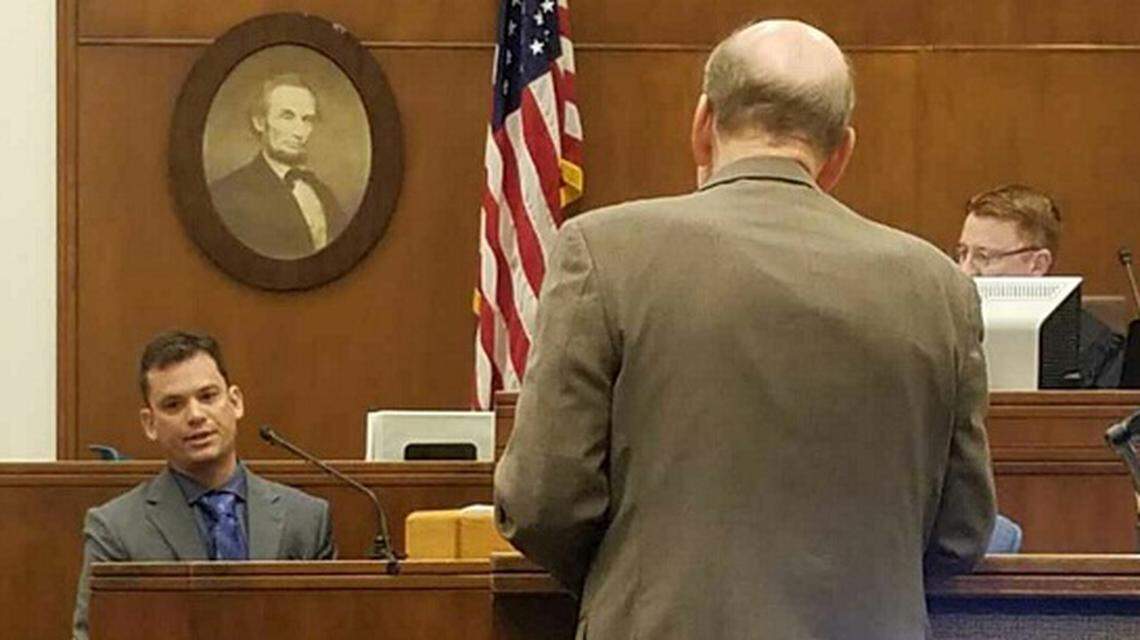 Rick Zender, left, answers questions from special prosecuting attorney David McEachran Tuesday, May 14, 2019, in Whatcom County Superior Court during Timothy Bass’ trial for first-degree murder related to the 1989 alleged abduction, rape and death of 18-year-old Mandy Stavik. Zender was Stavik’s boyfriend.