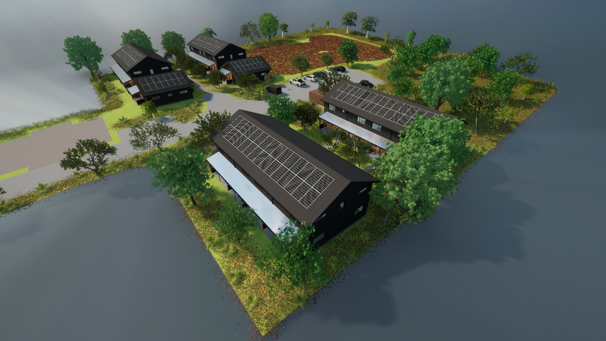 A rendering shows the permanently affordable homeownership project LaFreniere Court, which is expected to be completed with 18 homes in 2025 in Bellingham, Wash.