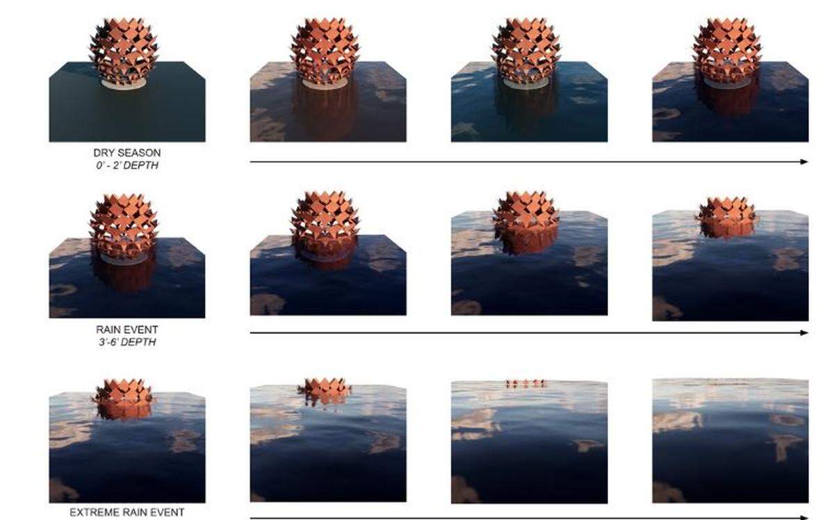 This rendering shows how the view of the sculpture “Rain Flower” will change as water fills the North End Regional Pond off Mahogany Avenue near Costco in Bellingham.