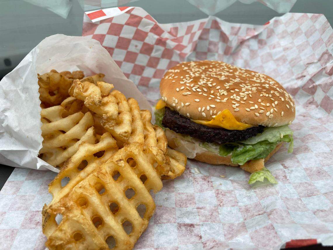 A Boomer burger and waffle fries from Boomers Drive-In on Friday, Jan. 6, 2023, in Bellingham, Wash.