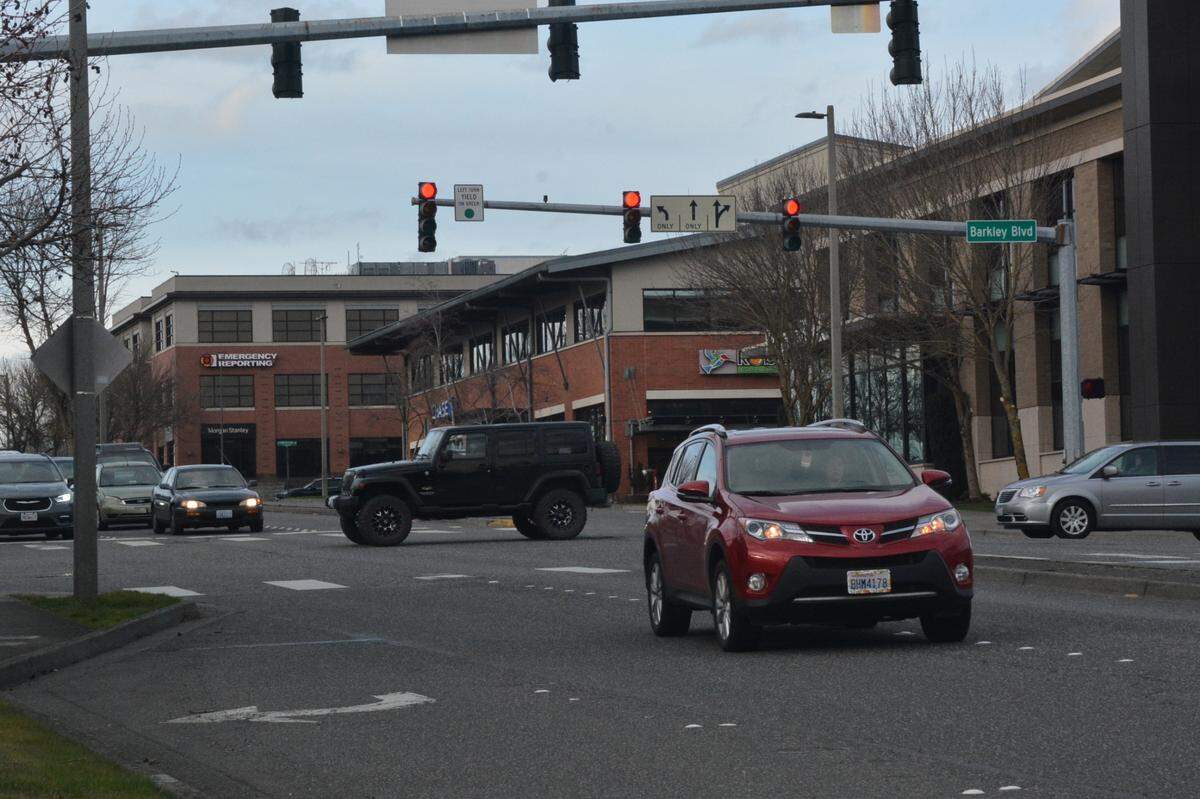 Traffic is heavy on Woburn Street at Barkley Boulevard on Monday afternoon, March 6, in Bellingham. A sewer replacement project set to start in April 2023 will cause delays through summer. According to the city, nearly 20,000 cars use the road every day.