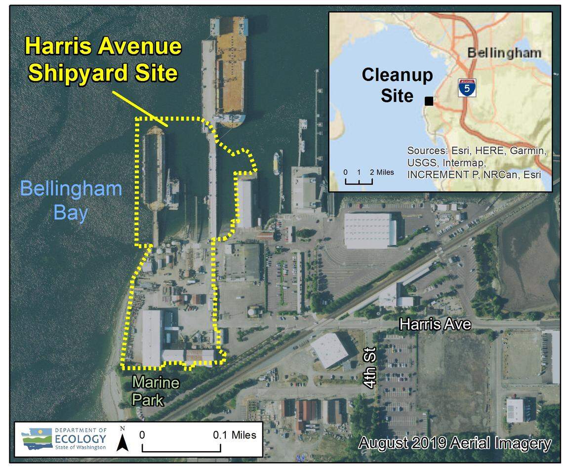 A Washington state Department of Ecology map shows the location of the Harris Avenue Shipyard in the Fairhaven neighborhood.
