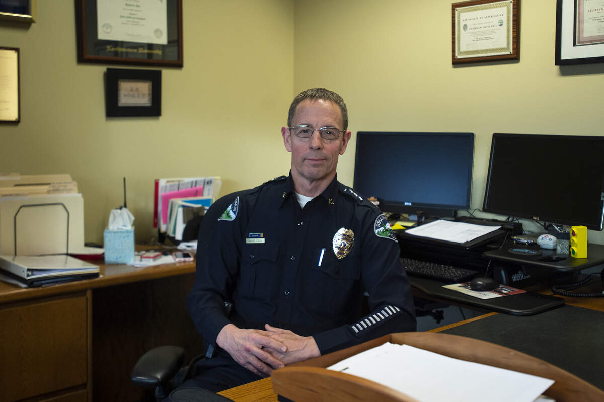 Bellingham Police Chief David Doll, in his office in 2019, told the Bellingham City Council Monday, July 20, that to be accredited or reaccredited, an agency has to live the standards, as they’re not something that can just be put together once every four years.