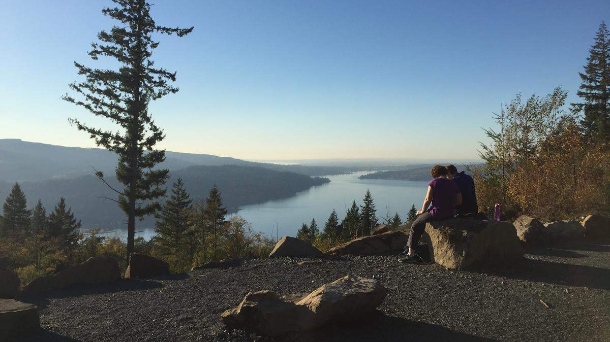 The end of the Chanterelle Trail at Lake Whatcom Park offers beautiful wide-open views of Lake Whatcom and Lookout Mountain.