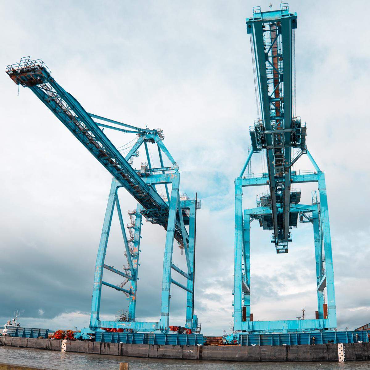 Two large cranes were stored at the Port of Bellingham Shipping Terminal in early 2026.