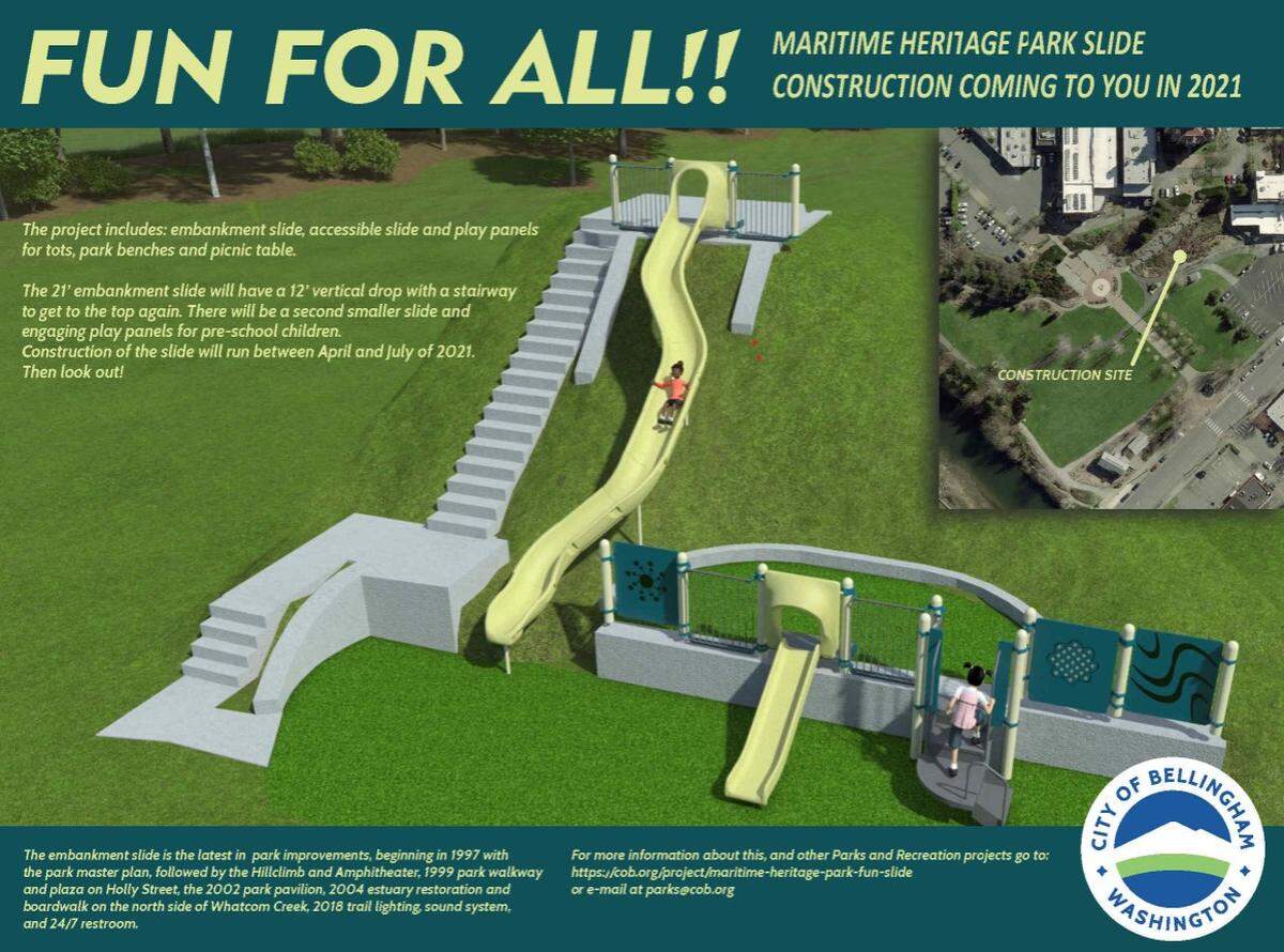 Work is starting on a $283,000 project to build a playground at Maritime Heritage Park in Bellingham that will include a wide 21-foot-long slide and a smaller slide. The project should be completed by summer 2021.