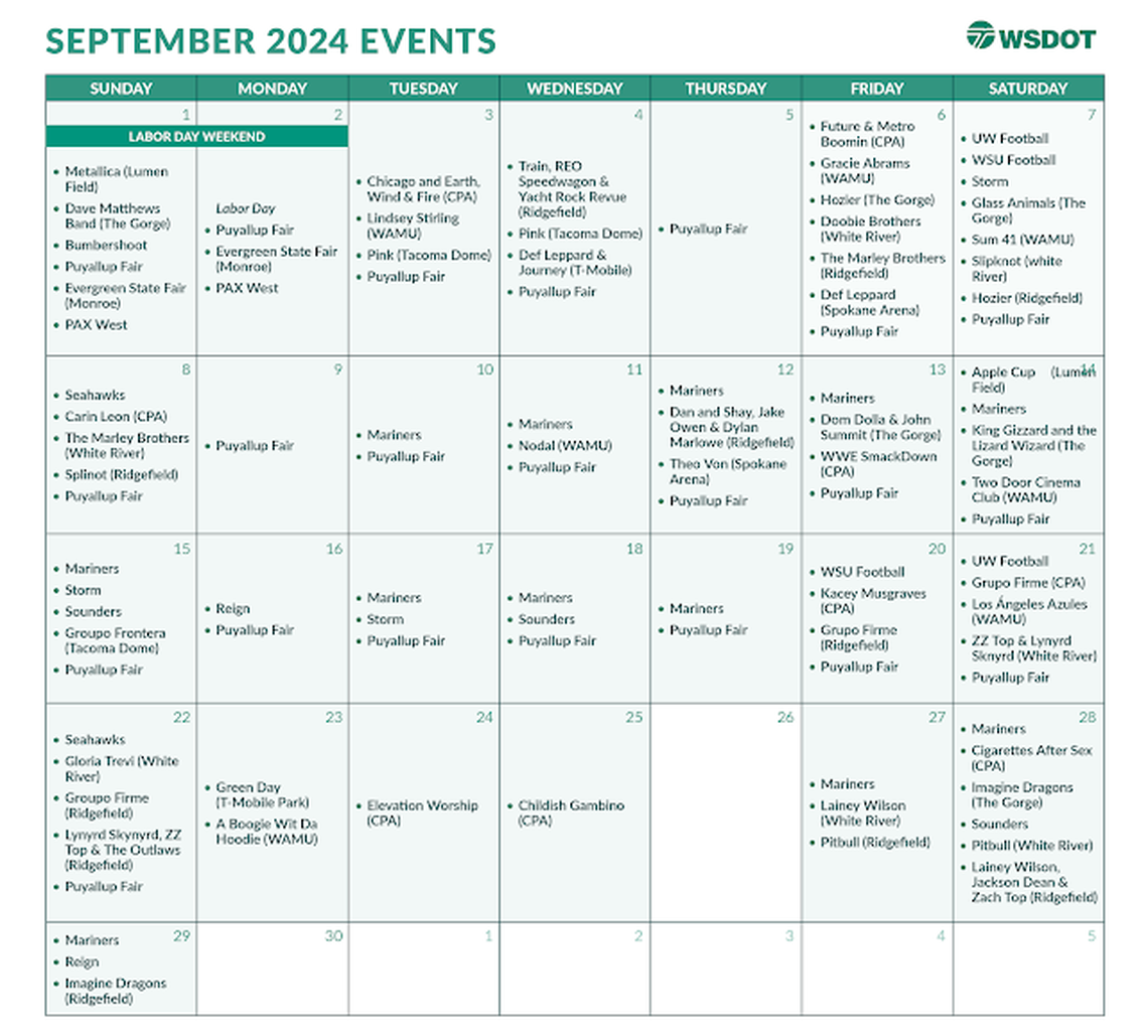 WSDOT expects several September events to impact traffic in Washington.