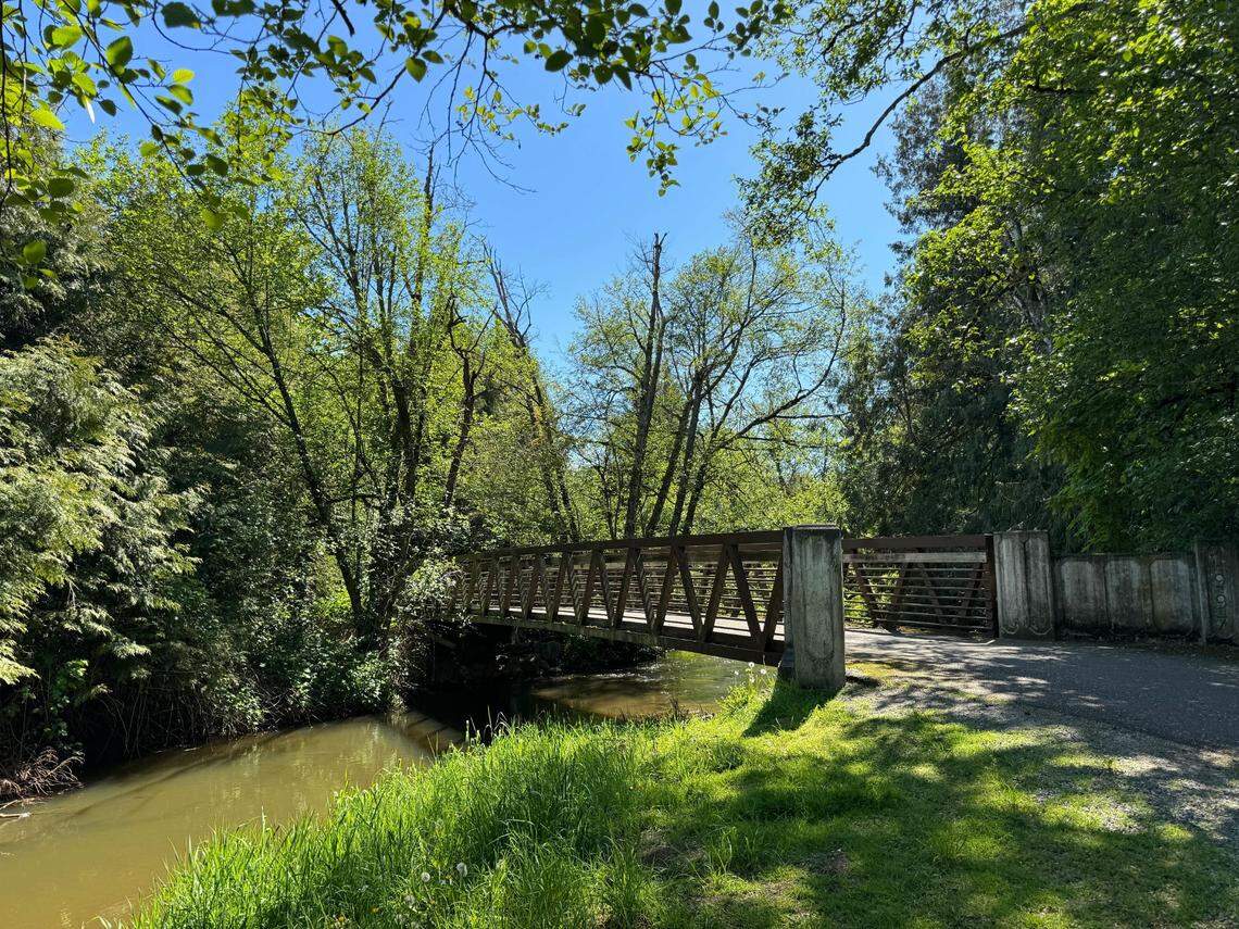 A bridge over Fish Trap creek on the Jim Kaemingk Sr. Trail on Thursday, May 2, 2024 at 503 Brookfield Ct. in Lynden, Wash.