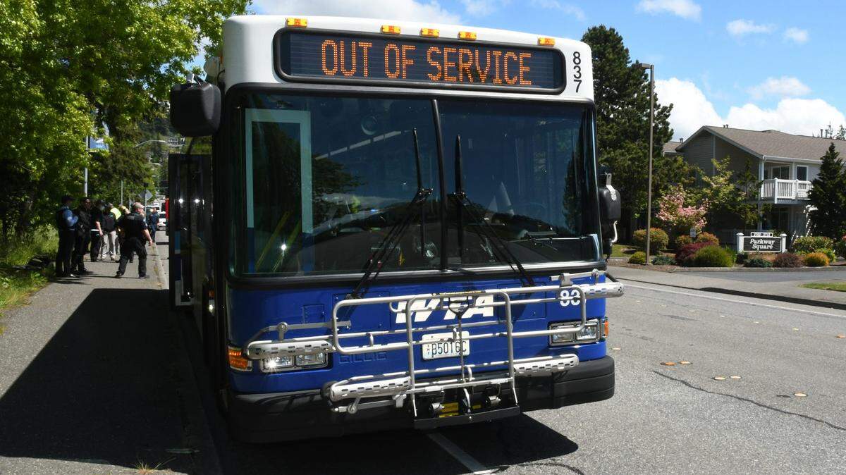 Bellingham Police established a safety perimeter around a Whatcom Transit Authority bus Tuesday, May 18, on Old Fairhaven Parkway in Bellingham and negotiated the surrender of a rider who allegedly stabbed another.