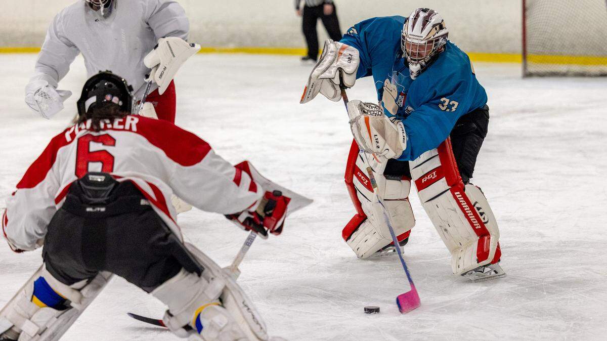Two goalies face off in the “Oops! All Goalies” hockey game at the Bellingham Sportsplex on Saturday, February 17.