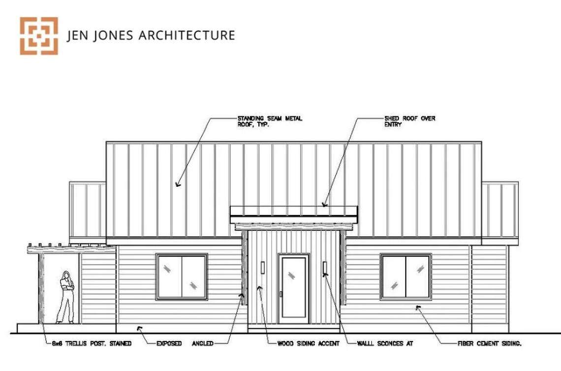 A design drawing shows the front of the Lumen ADU by architect Jennifer Jones.