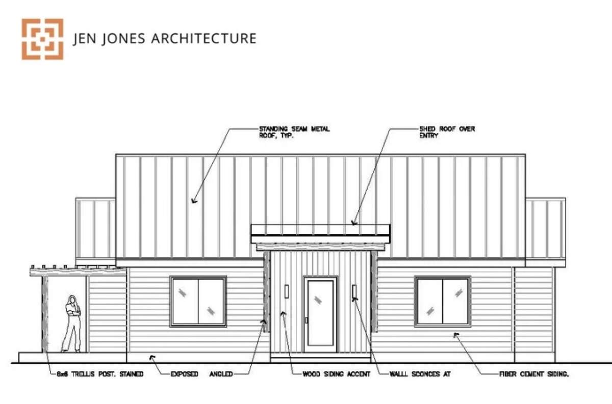 A design drawing shows the front of the Lumen ADU by architect Jennifer Jones.