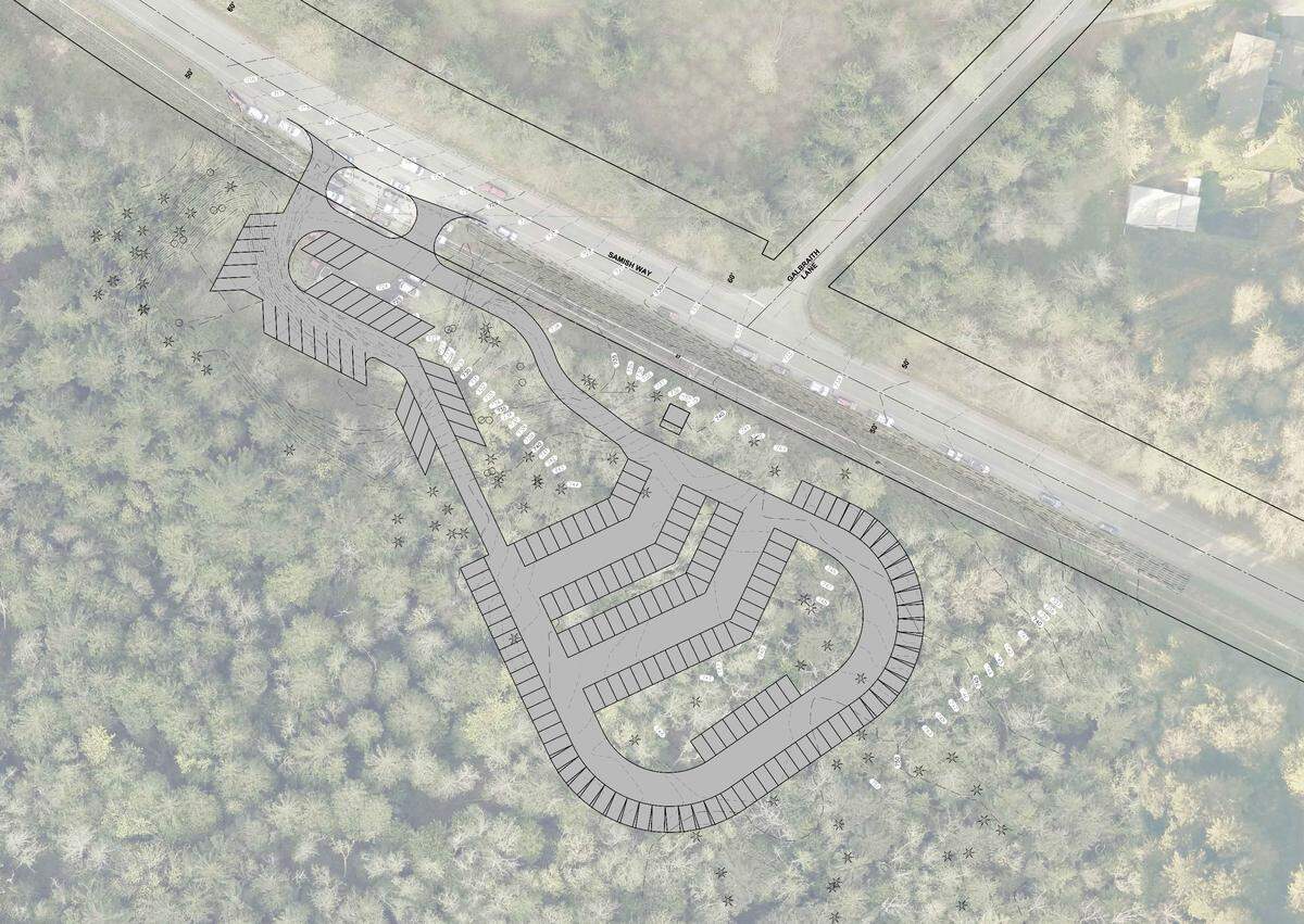 This image shows the preliminary design for the expanded parking lot at Samish Way near Galbraith Lane. The flowers or stars on the map show surveyed trees that the city of Bellingham wants to stay.