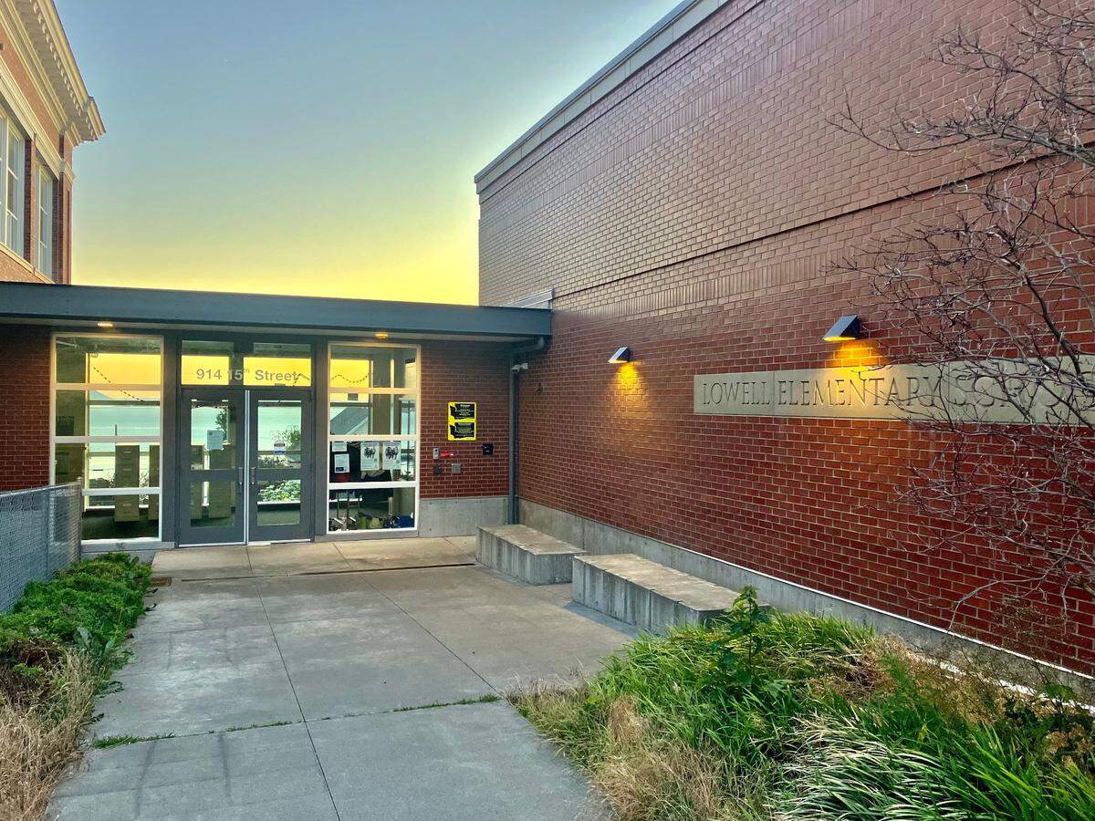 Lowell Elementary School near Bellingham Bay during a 2023 sunset.