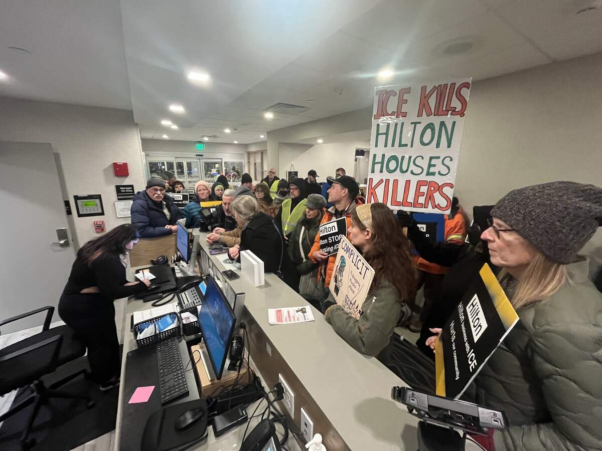 Dozens of community members gathered at the Hampton Inn Bellingham Airport in January to demand that Hilton Hotels stop housing U.S. Immigration and Customs Enforcement (ICE) agents.