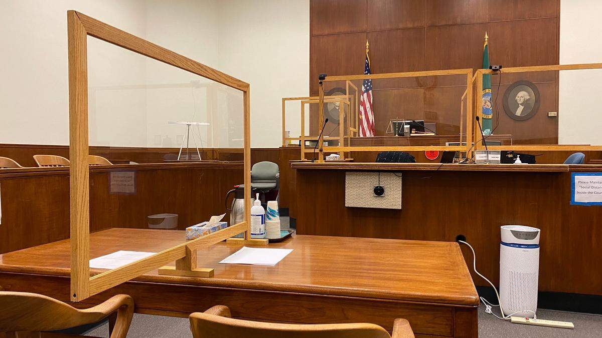 Whatcom County Superior Court courtrooms on Friday, March 5, feature barriers to enforce COVID-19 precautions as jury trials resume in Bellingham.
