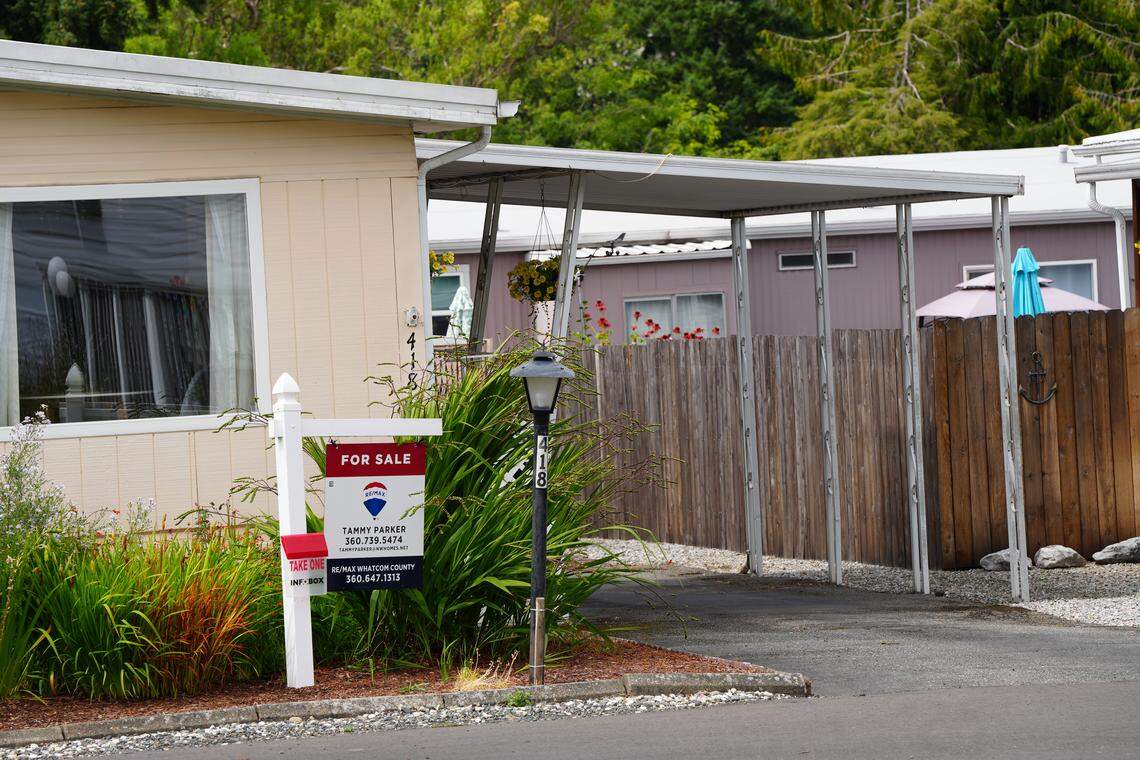 A manufactured home is listed for sale on Aug. 4 in the Lakeway Estates community. Residents and real estate agents say homes in the community have not been selling for market rate due to an increase in lot rent since new owners purchased the park in March of 2024.
