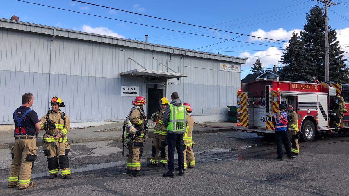 A small fire at Claus Meats at 2300 Cornwall Ave. in Bellingham temporarily stopped work Thursday. Bellingham Fire Department crews were able to limit damage to one wall and the attic.