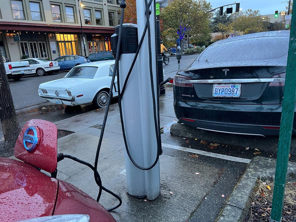 Electric cars use the city of Bellingham’s EV charging stations at Depot Market Square downtown on Oct. 31.