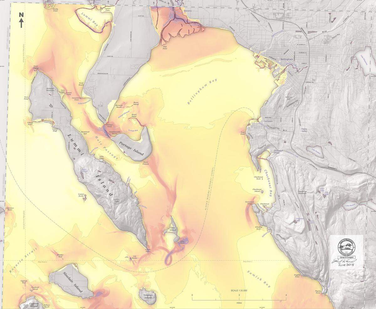 This map, released by the Washington State Department of Natural Resources, shows the potential tsunami current velocity of the Bellingham area following a Cascadia subduction zone earthquake of magnitude 9. Current speeds could vary from zero to three knots (light yellow) to more than 9 knots (dark purple).