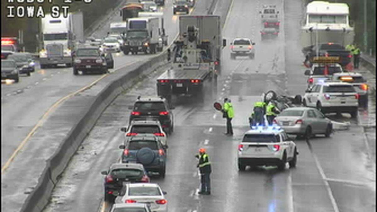 The Bellingham Fire Department responds Thursday, Oct. 28, to a pair of crashes on Interstate 5 in Bellingham, one of which appears to involve a boat.