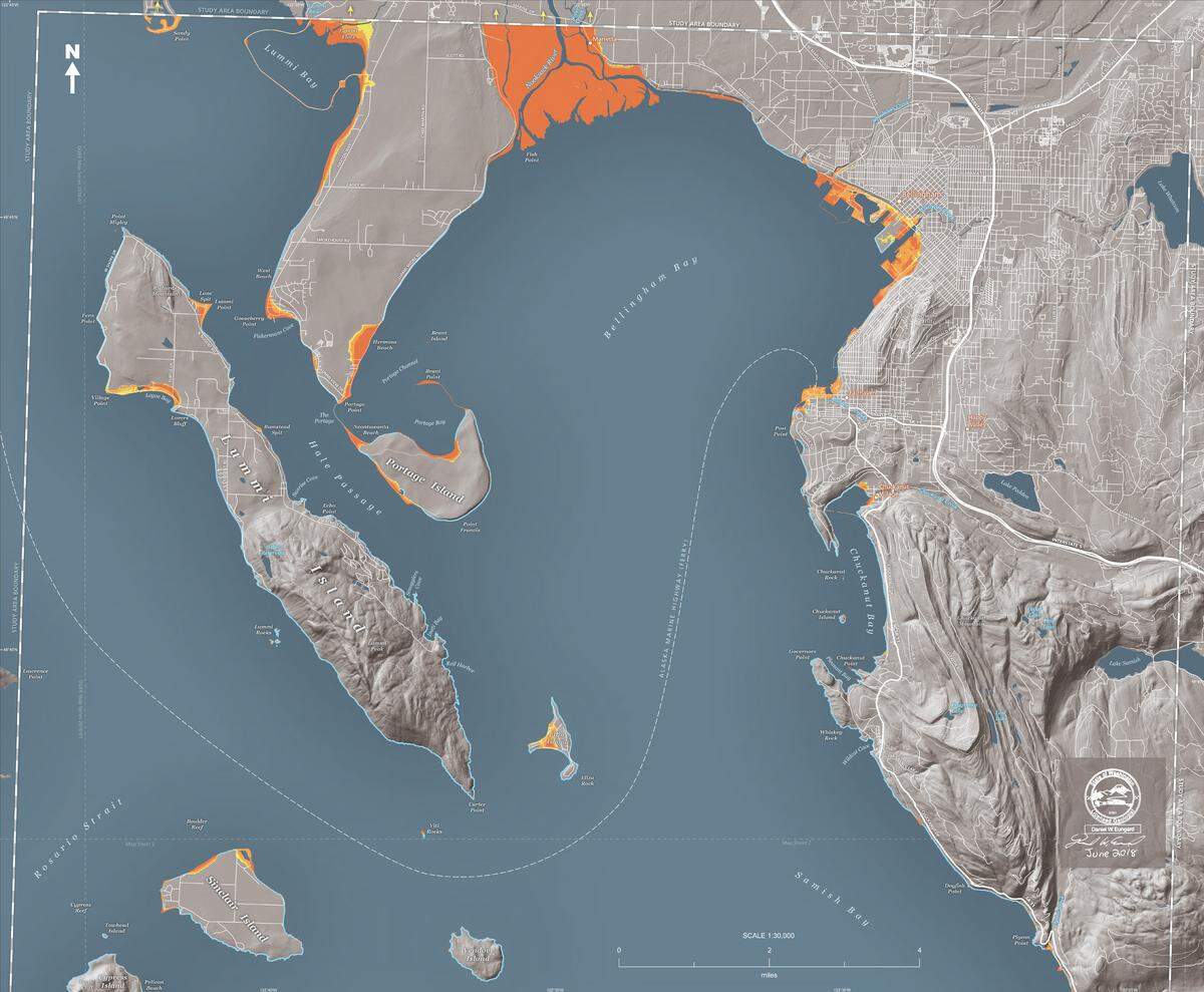 This map, released by the Washington State Department of Natural Resources, shows the potential tsunami inundation of the Bellingham area following a Cascadia subduction zone earthquake of magnitude 9. Inundation levels range from less than 2.5 feet (yellow) to more than six feet (dark orange).