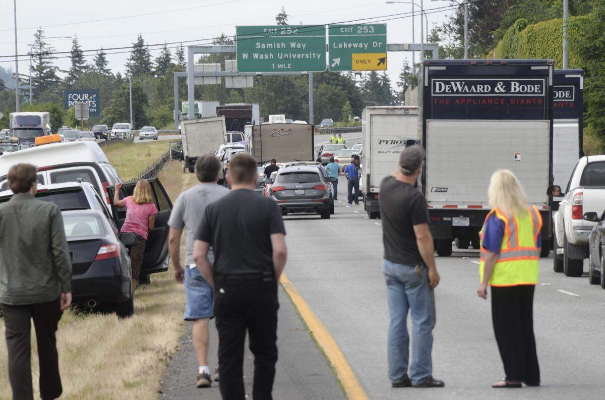 Southbound Interstate 5 traffic comes to a halt in Bellingham while Washington State Patrol troopers investigate a crash  near the Lakeway Drive exit in June 2016.