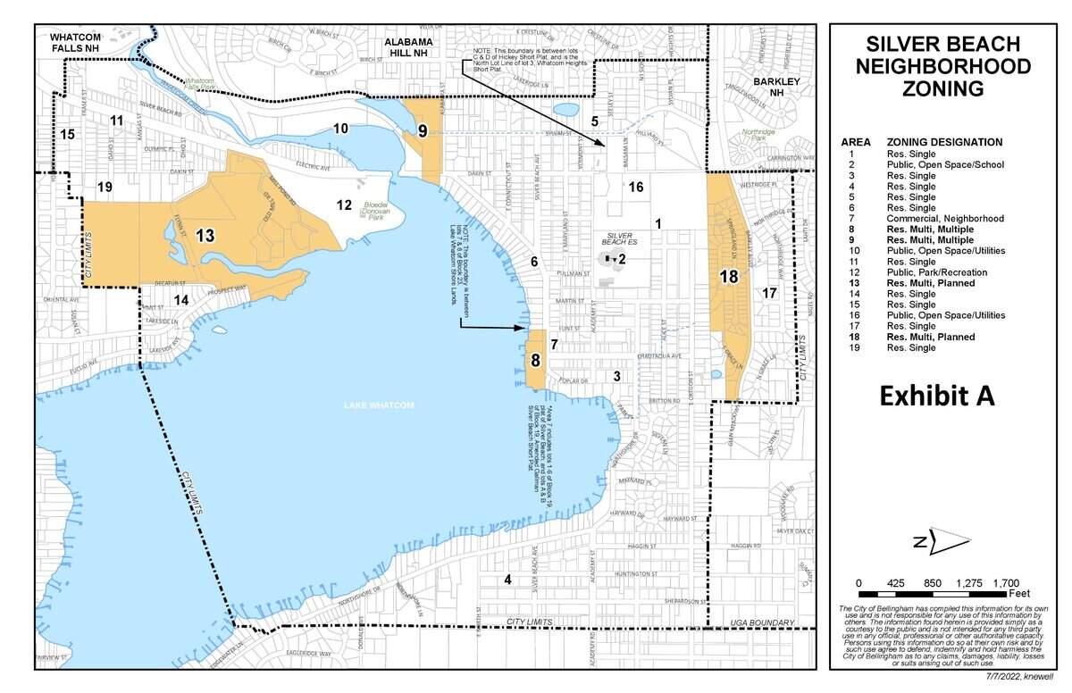 Colored areas on a Silver Beach zoning map show where the Bellingham City Council approved for one year an emergency ordinance restricting permits and applications for multi-family construction.