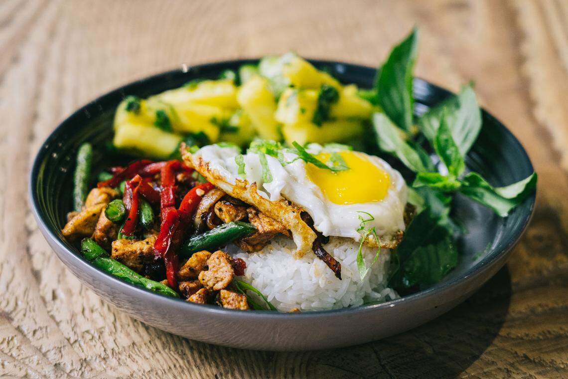Thai basil tofu bowl from Outpost Eats food truck.