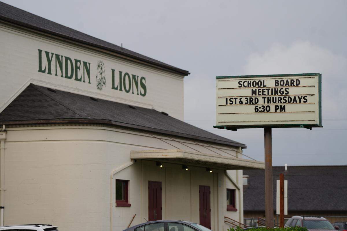 A sign announces the Lynden School District Board’s meeting schedule on Thursday.