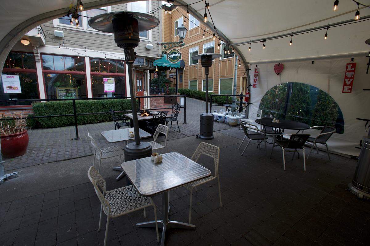 The outdoor dining area at Skylark’s in Fairhaven on Thursday, Feb. 11, allows for more seating during the COVID-19 pandemic. After early struggles, the restaurant’s takeout holiday meals were popular, and the outdoor/tent seating has steadily increased in popularity despite the freezing weather.