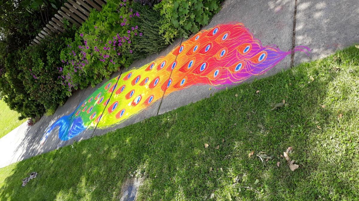 Art fills the sidewalks in the Columbia neighborhood of Bellingham, Saturday, July 4. More than 175 households signed up to participate in the socially distanced Independence Day event during the COVID-19 pandemic.