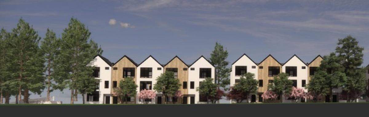 A partial rendering shows an illustrative view of the proposed StreamRE townhomes facing Meridian Street in Bellingham. The construction is expected to begin in the spring or summer of 2024.