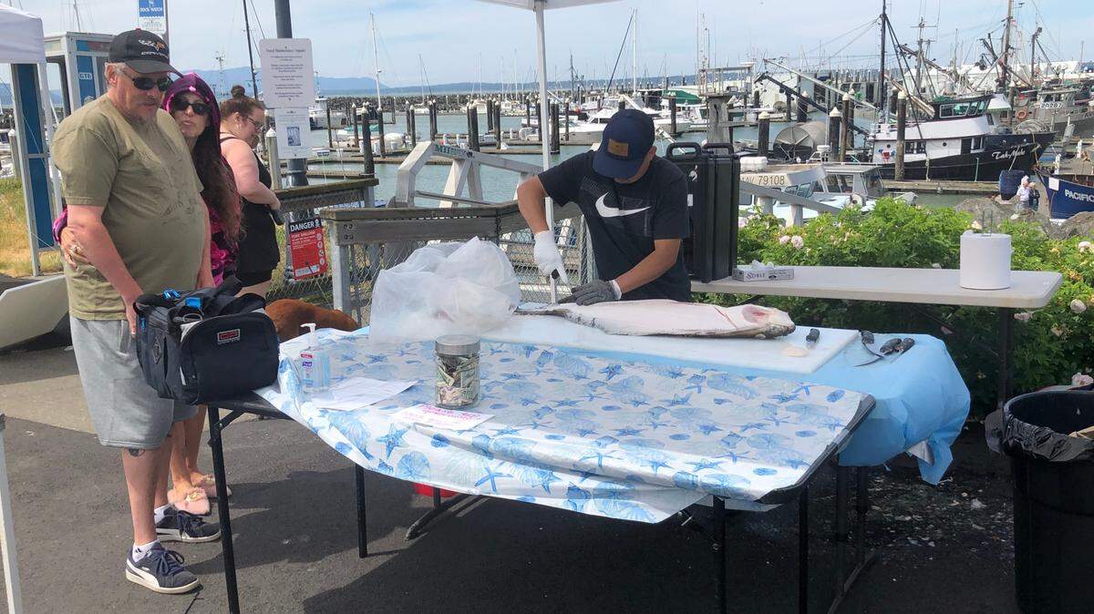 A professional filleter cuts up a fish someone purchased Saturday, July 2, at the Bellingham Dockside market at Squalicum Harbor. There’s a market this Saturday, Setp. 17, along with Bellingham Seafest.