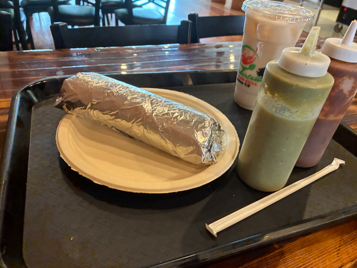 The breakfast burrito and horchata at Bordertown Mexican Grill cost $15.20 before tax.