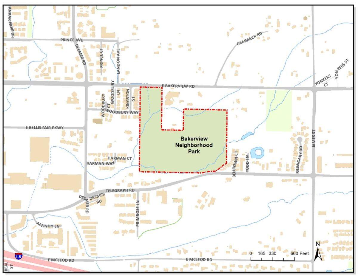 A city of Bellingham map shows the location of the proposed East Bakerview Neighborhood Park between Deemer Road and James Street.