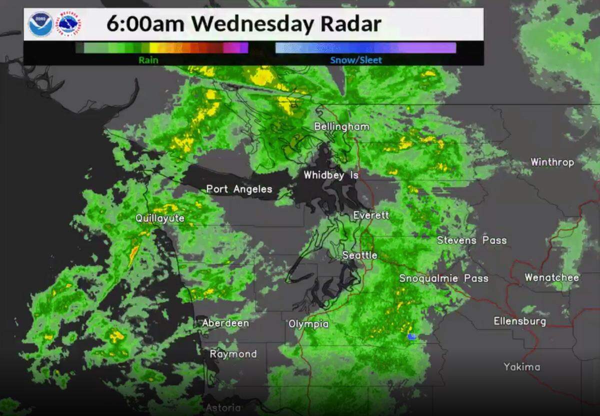 National Weather Service radar shows rain throughout the Puget Sound region Wednesday morning.