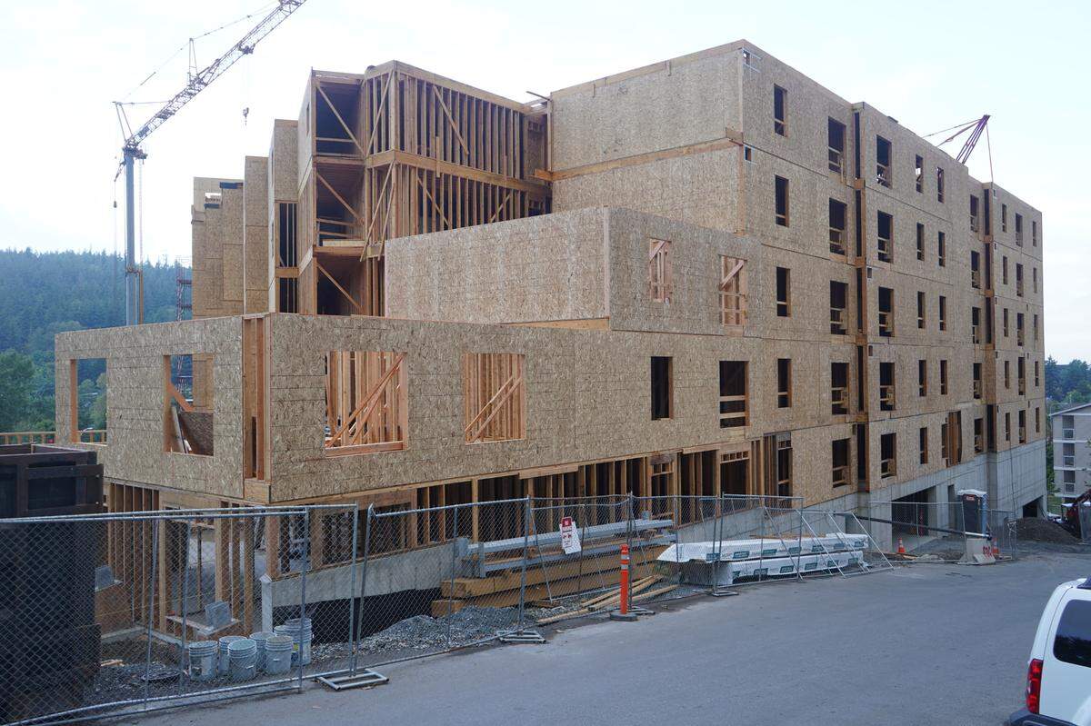 The Jake luxury apartments are currently under construction on Elwood Avenue on Sept. 20, 2023, in Bellingham, Wash. Residents are expected to move in on June 1, 2024.