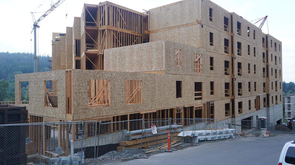 The Jake luxury apartments are shown under construction on Elwood Avenue on Sept. 20, 2023, in Bellingham, Wash.