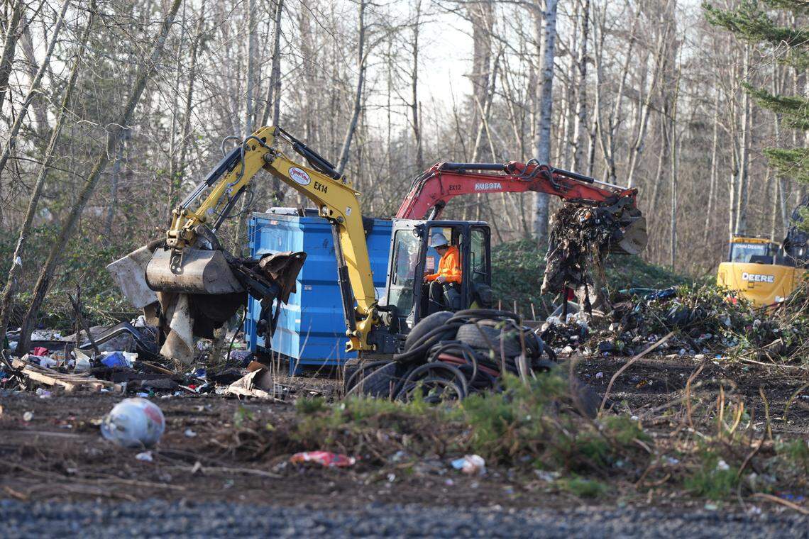 Crews used several excavators to clear the encampment on private property at West Bakerview Road and Northwest Drive on Jan. 21 in Bellingham.