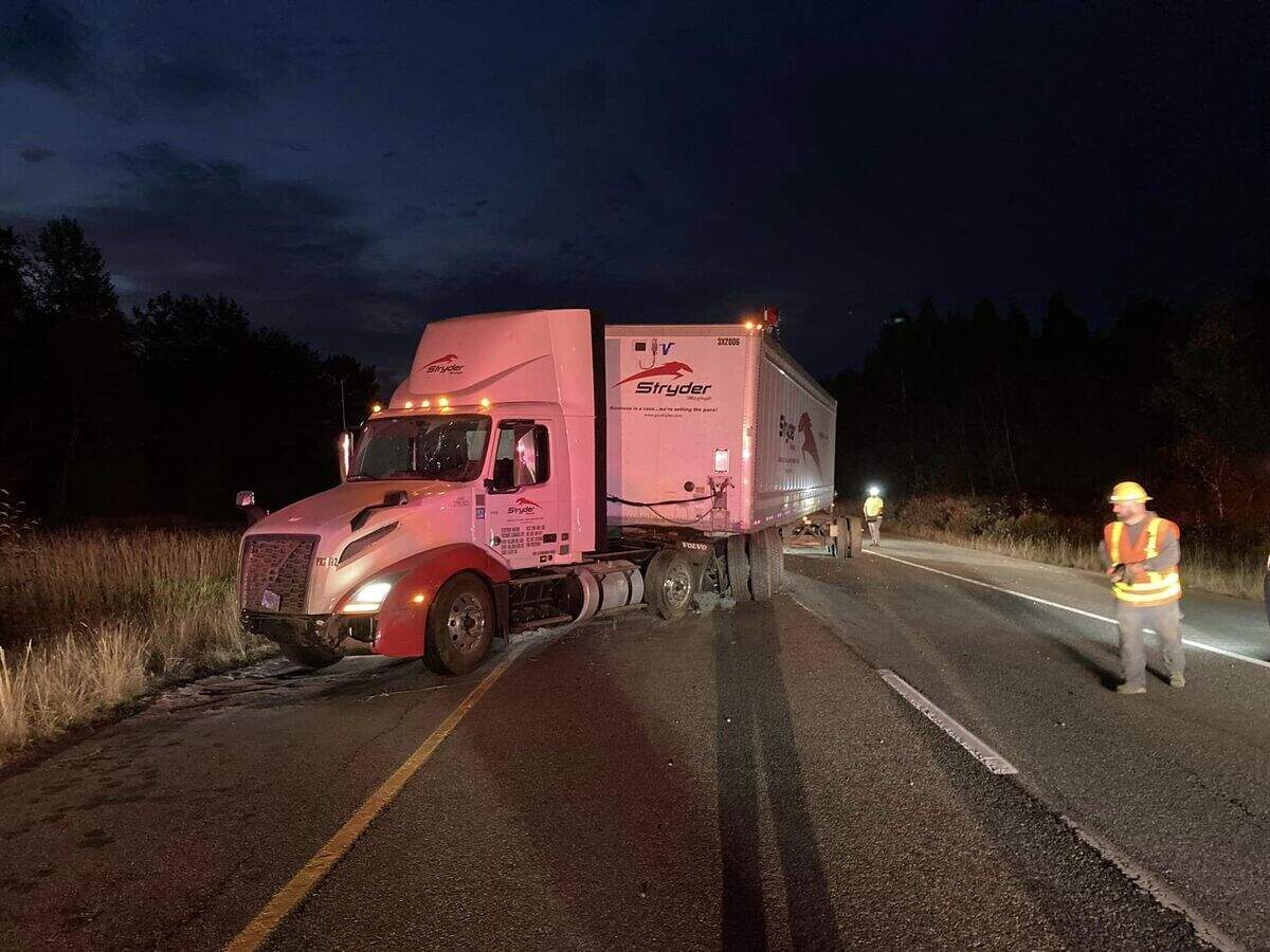 A crash involving a semi truck early Wednesday, Sept. 28, blocked both southbound lanes of Interstate 5 south of Blaine, near milepost 273.