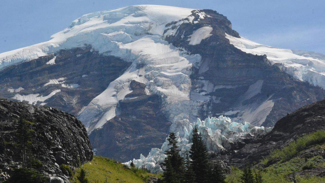 Mount Baker, a 10,781-foot volcano in Whatcom County, about 60 miles east of Bellingham, is shown from the Heliotrope Ridge Trail at the 5,000-foot level in August 2020.